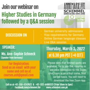 Webinar on “Higher Studies in Germany” with Ann-Sophie Schneck on March 3, 2022 at 6.30pm at Zoom